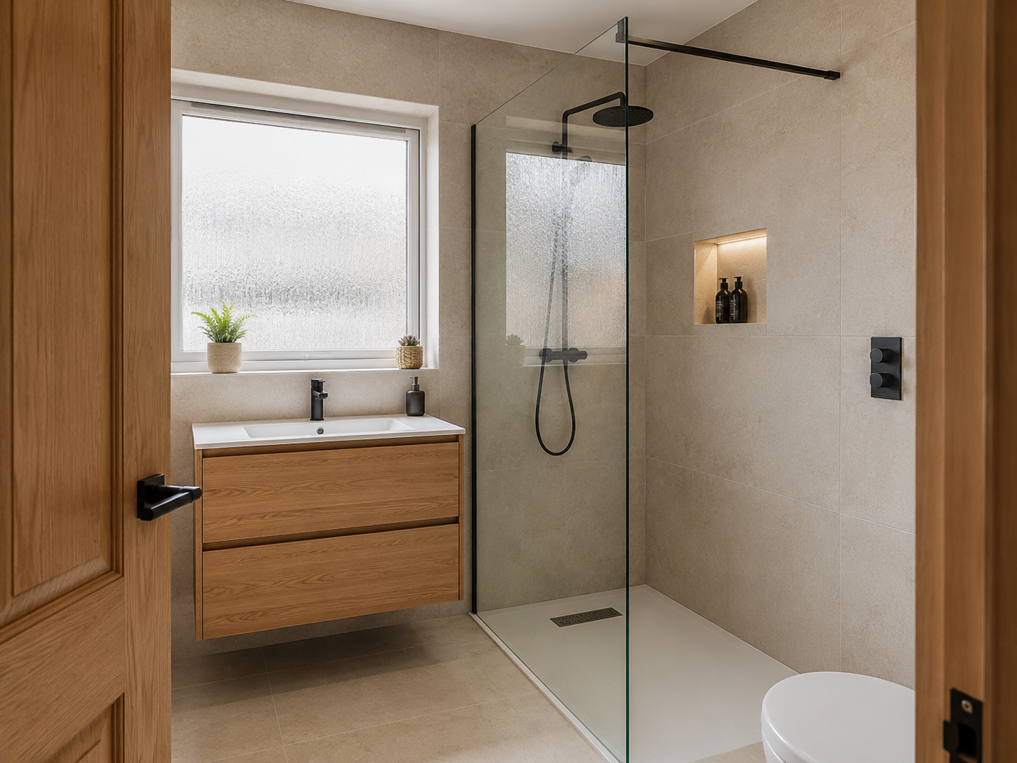 Modern fitted bathroom with oak vanity and walk-in shower