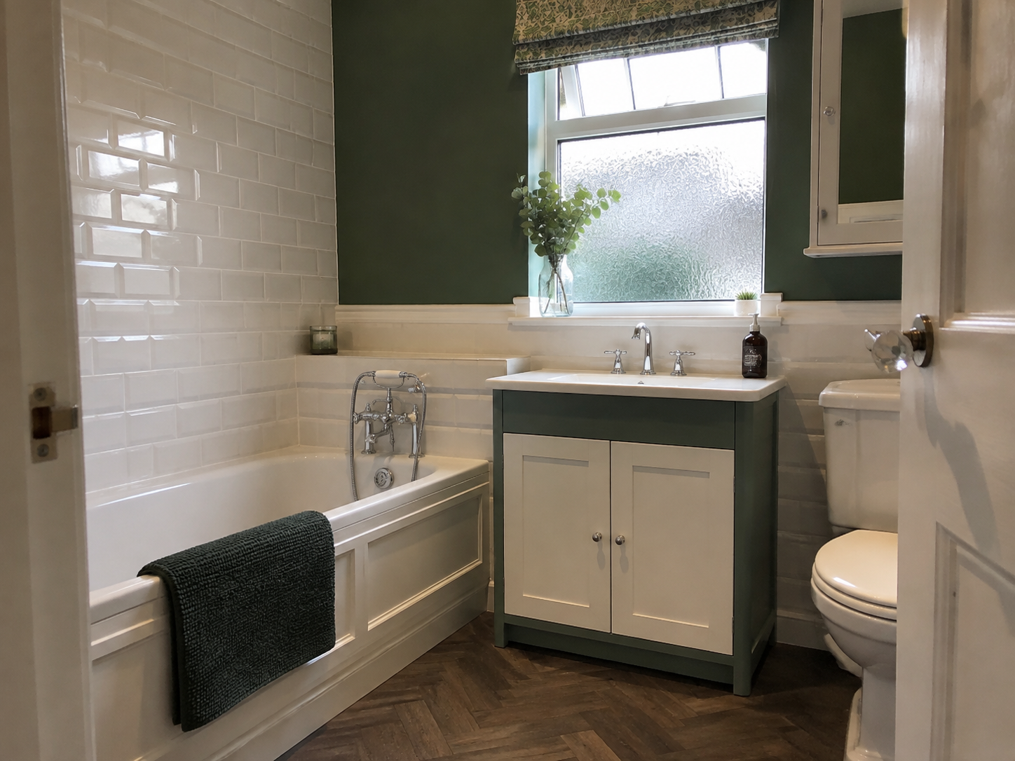 Traditional fitted bathroom with green shaker vanity