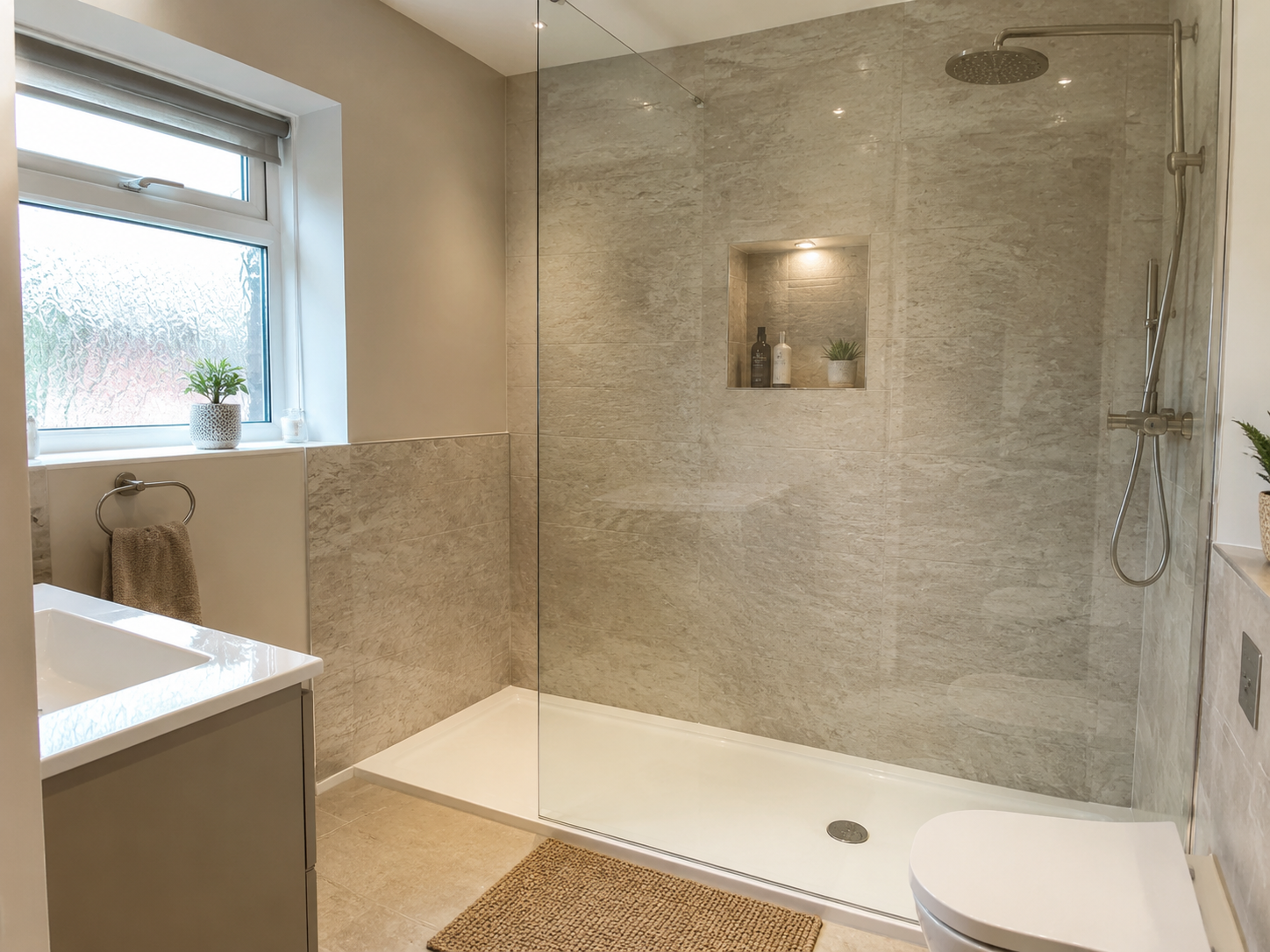 Walk-in shower bathroom with glass screen